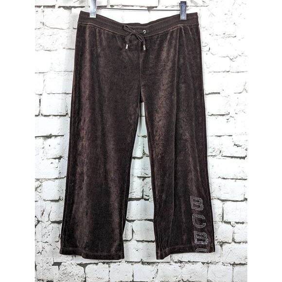 BCBGMAXAZRIA Y2K Bling Spellout Cropped Velour Lounge Pants Wide Leg Petite XL - Picture 1 of 5
